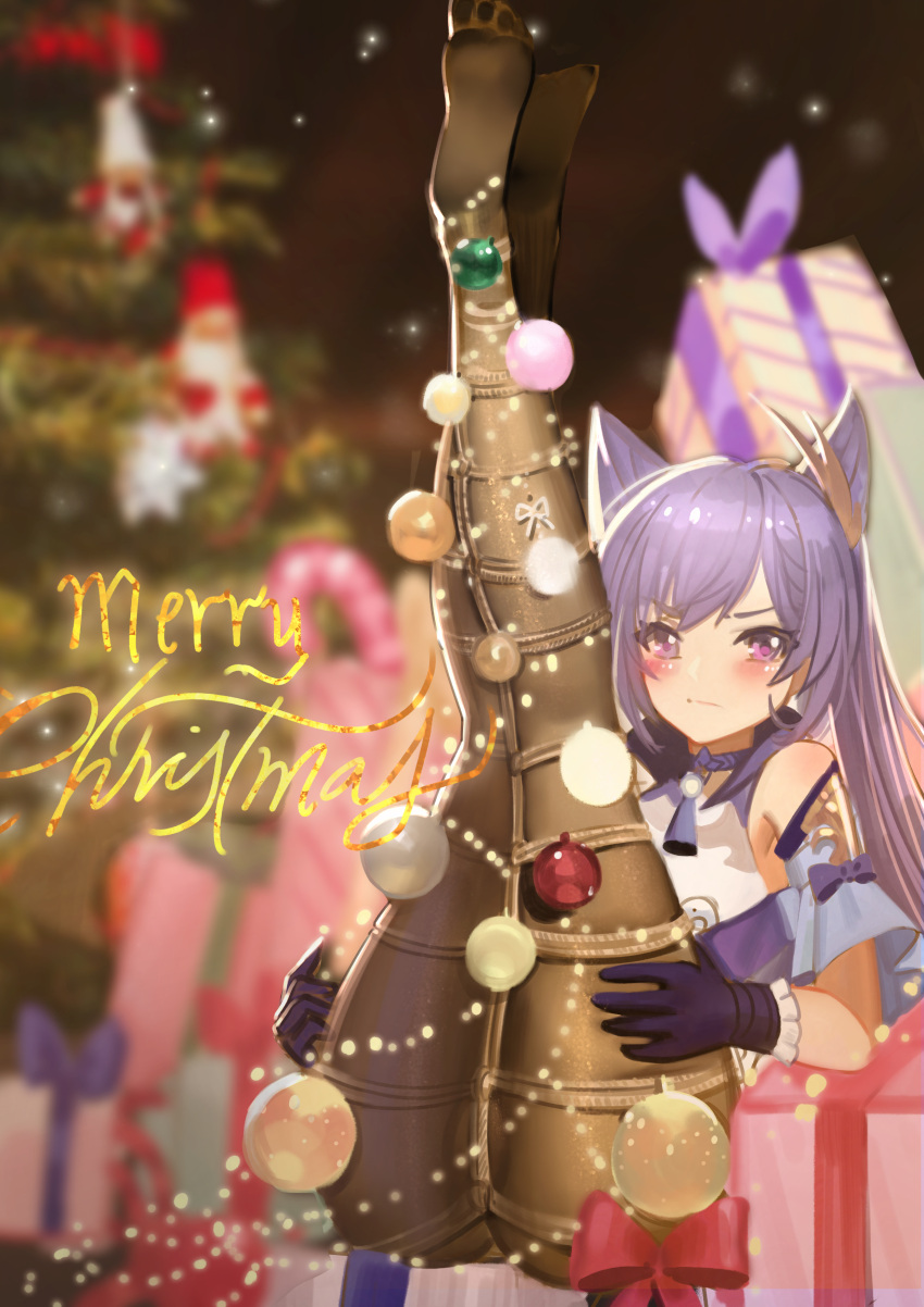 1girl absurdres bare_shoulders black_legwear bound box christmas christmas_lights christmas_ornaments christmas_tree dress feet genshin_impact gift gift_box gloves hat highres keqing_(genshin_impact) legs_up looking_at_viewer pantyhose purple_hair santa_hat tied_up twintails violet_eyes