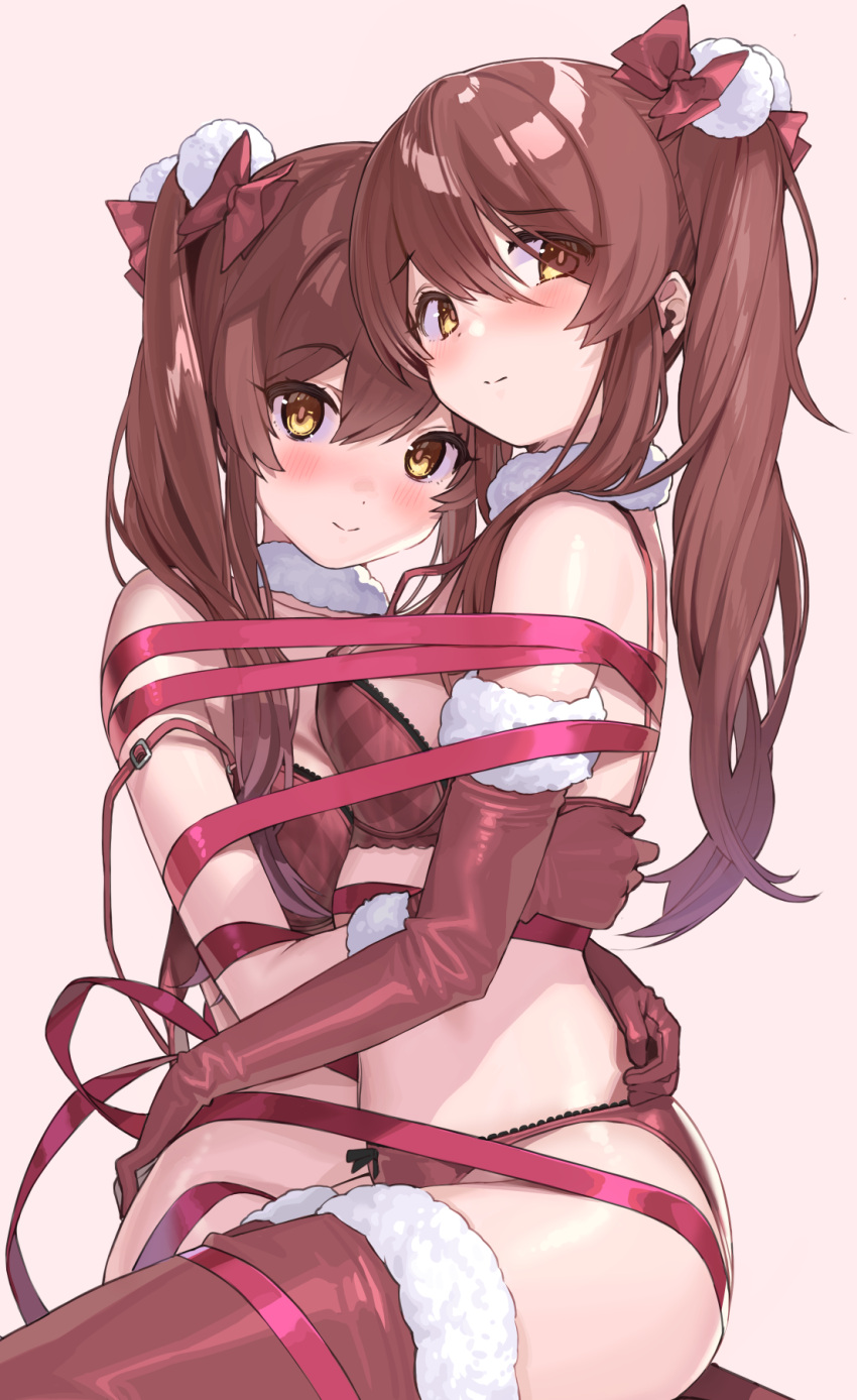 2girls arm_around_waist asymmetrical_docking beige_background bikini blush bound bow breast_press breasts brown_eyes brown_hair christmas closed_mouth elbow_gloves eyebrows_visible_through_hair feet_out_of_frame fur_choker fur_trim gloves hair_between_eyes hair_bow hair_pom_pom highres idolmaster idolmaster_shiny_colors kanzarin_(hoochikiss) long_hair looking_at_viewer looking_back medium_breasts multiple_girls oosaki_amana oosaki_tenka pink_ribbon red_bikini red_bow red_gloves ribbon siblings sidelocks simple_background sisters sitting sitting_on_person smile swimsuit tied_up twintails yuri