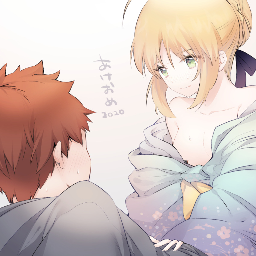1boy 1girl 2020 ahoge artoria_pendragon_(all) bangs bare_shoulders blue_ribbon braid breasts collarbone emiya_shirou fate/stay_night fate_(series) green_eyes hair_ribbon highres japanese_clothes kimono off_shoulder orange_hair redhead ribbon saber short_hair simple_background small_breasts smile striped suzuakks sweat translation_request white_background