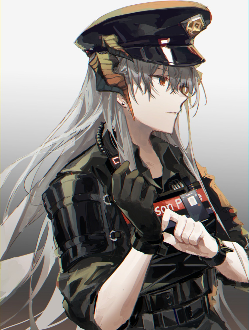 112423a 1girl adjusting_clothes adjusting_gloves arknights armor belt black_gloves black_headwear chinese_commentary closed_mouth collared_shirt commentary dragon_horns ear_piercing english_commentary expressionless gloves gradient gradient_background green_shirt grey_background hair_between_eyes hat highres horns long_hair military_hat mixed-language_commentary official_alternate_costume orange_eyes peaked_cap piercing saria_(arknights) saria_(iron_law)_(arknights) shirt shoulder_armor silver_hair simple_background single_glove sleeves_rolled_up solo straight_hair tactical_clothes uniform upper_body walkie-talkie wing_collar