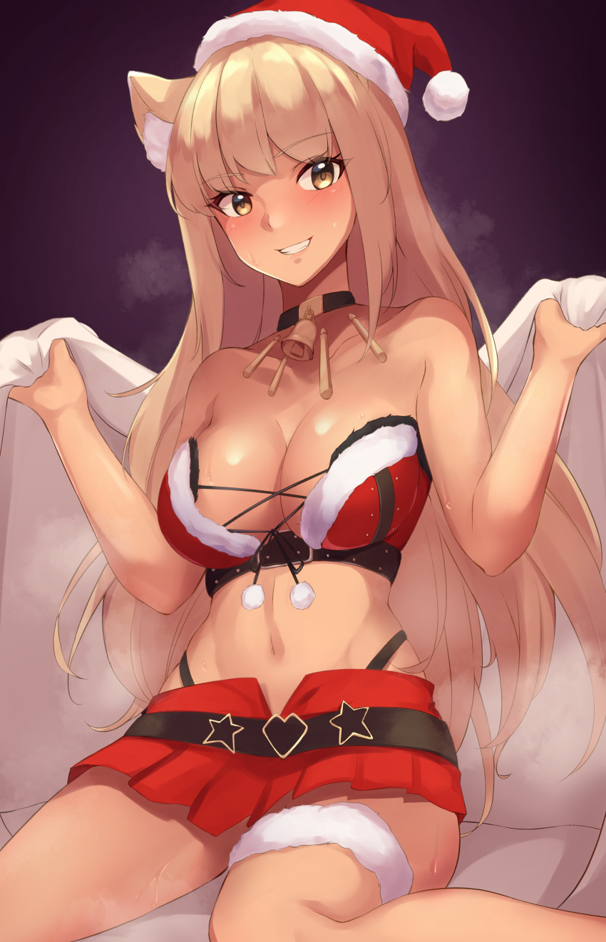 1girl absurdres animal_ears bare_arms bare_shoulders bell bell_choker black_choker blond_eyebrows blonde_hair blush blushing breasts choker cleavage eyebrows eyebrows_visible_through_hair eyes face fate/grand_order fate/grand_order_arcade fate_(series) feet_out_of_frame gold_bell grin haneramu hat highres kneeling large_breasts legs legs_apart long_hair looking_at_viewer lower_teeth microskirt midriff navel open_eyes pleated_microskirt pleated_skirt pom_pom_(clothes) red_headwear red_microskirt red_skirt santa_hat sitting skirt smile solo stomach strapless suzuka_gozen_(fate) suzuka_gozen_(santa)_(fate) sweating teeth thighs upper_teeth very_long_hair yellow_eyes