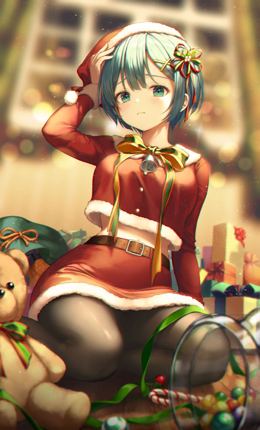 1girl absurdres alternate_costume arm_up belt black_legwear blue_eyes blue_hair blurry blurry_background blurry_foreground blush box breasts candy candy_cane christmas chromatic_aberration closed_mouth commentary depth_of_field english_commentary eyebrows_visible_through_hair food fur_trim gift gift_box hair_ornament hat highres long_sleeves looking_at_viewer neck_bell pantyhose r_o_ha re:zero_kara_hajimeru_isekai_seikatsu red_headwear rem_(re:zero) santa_costume santa_hat short_hair sitting solo stuffed_animal stuffed_toy teddy_bear x_hair_ornament