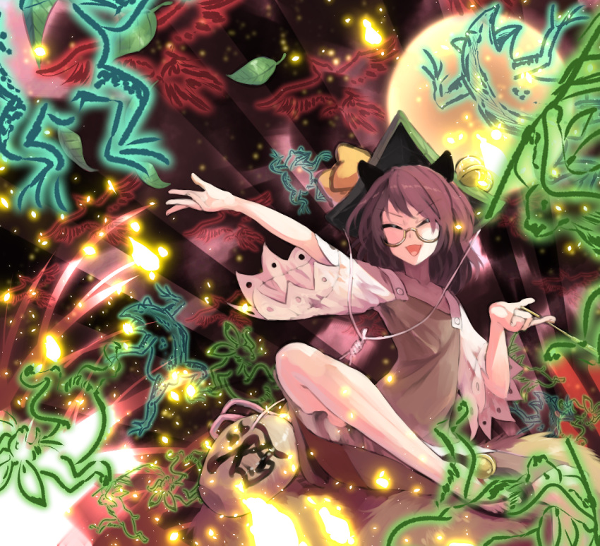 1girl alcohol animal_ears arm_at_side bangs bell bird bottle brown_dress brown_hair closed_eyes danmaku dress frog full_moon futatsuiwa_mamizou glasses glowing gourd grass hair_ornament hands_up hat hat_bell hat_ribbon holding holding_pipe indian_style jingle_bell kiseru leaf leaf_hair_ornament leaf_on_head light_particles moon open_mouth outstretched_arm outstretched_hand parody pipe rabbit raccoon_ears raccoon_tail ribbon sake sake_bottle semi-rimless_eyewear short_hair short_sleeves sidelocks silhouette sitting smile solo spell_card sunburst sunyup tail tanuki touhou under-rim_eyewear wide_sleeves yellow-framed_eyewear yellow_ribbon