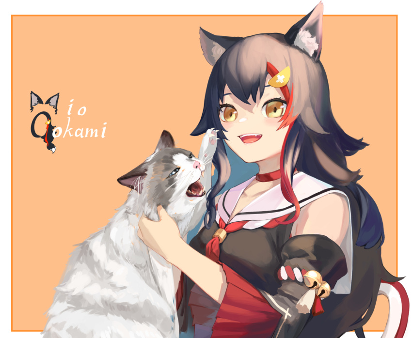 1girl animal animal_ear_fluff animal_ears black_hair blue_eyes brown_eyes cat character_name claws detached_sleeves fangs holding holding_animal hololive issun_boushi_(taku37taku) long_hair multicolored_hair ookami_mio open_mouth orange_background redhead solo streaked_hair virtual_youtuber wolf_ears wolf_girl