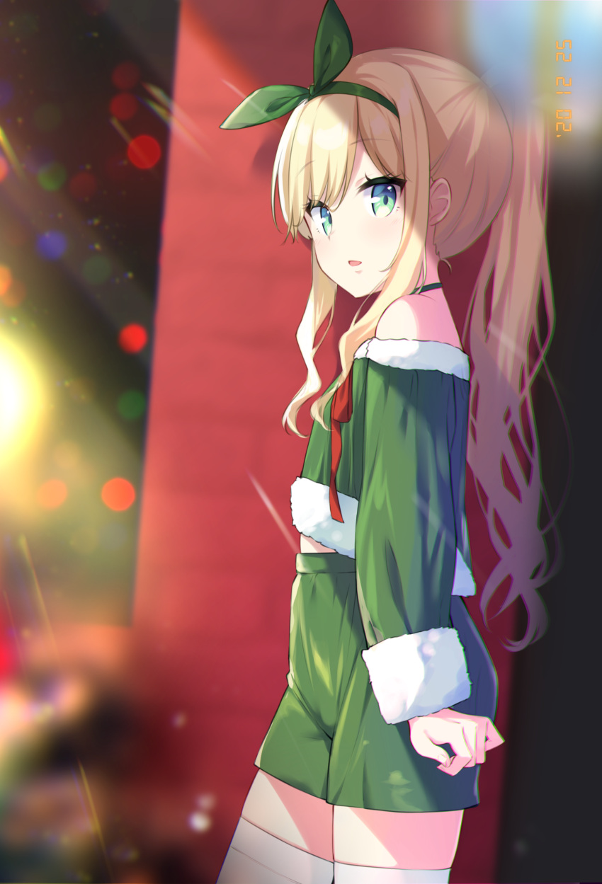 1girl absurdres bare_shoulders blonde_hair blurry blurry_background commentary_request depth_of_field from_side fur-trimmed_shorts fur-trimmed_sleeves fur_trim green_eyes green_hairband green_ribbon green_shirt green_shorts hair_ribbon hairband highres isurugi_mio long_hair looking_at_viewer looking_to_the_side mimura_zaja mm! off-shoulder_shirt off_shoulder parted_lips ponytail ribbon shirt short_shorts shorts solo standing thigh-highs very_long_hair white_legwear