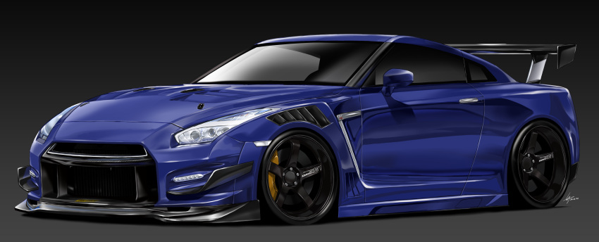 absurdres car commission dated gradient gradient_background ground_vehicle headlight highres motor_vehicle nissan nissan_gt-r no_humans original signature silenxe spoiler_(automobile) vehicle_focus