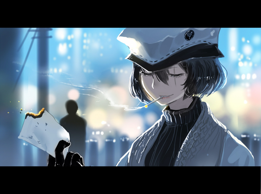 1girl black_gloves black_hair blurry blurry_background burning cigarette gloves hat highres letterboxed mouth_hold original outdoors power_lines short_hair silhouette smoking turtleneck upper_body white_headwear yuushoku