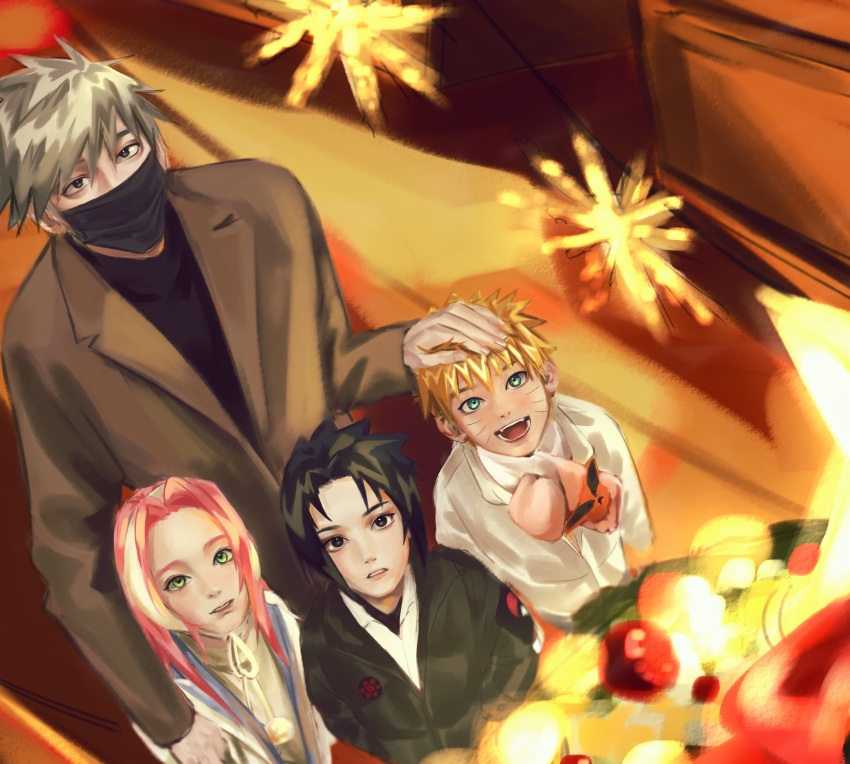 1girl 3boys :d absurdres aqua_eyes bangs black_eyes black_hair black_jacket black_mask blonde_hair brown_jacket casual christmas_tree commentary_request contemporary eyebrows_behind_hair from_above green_eyes hand_on_another's_head haruno_sakura hatake_kakashi highres jacket long_hair looking_up mask mouth_mask multiple_boys naruto naruto_(series) open_mouth parted_bangs parted_lips pink_hair shirt short_hair silver_hair smile sparkle spiky_hair standing suit_jacket tile_floor tiles ttebayong uchiha_sasuke uzumaki_naruto white_shirt younger