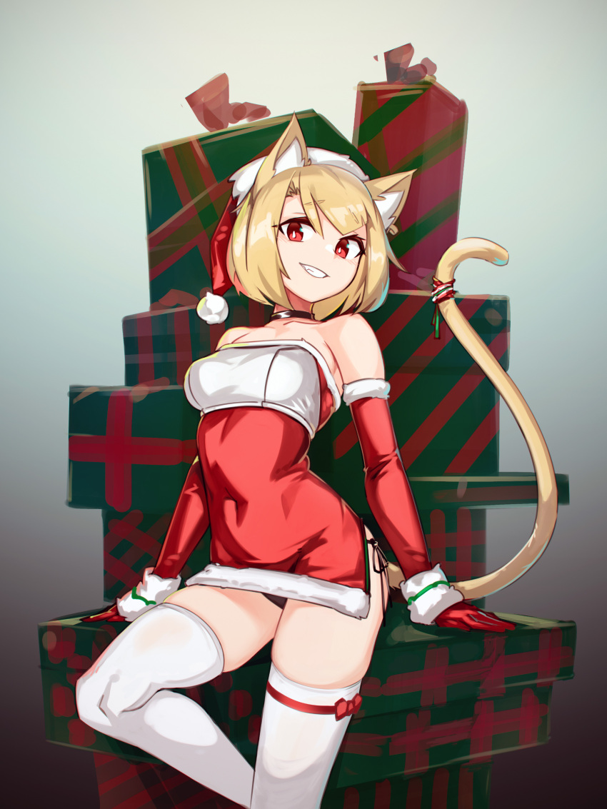 1girl absurdres animal_ears bare_shoulders black_panties blonde_hair bow box breasts cat_ears cat_tail commentary covered_navel deel_(rkeg) detached_sleeves dress eyebrows_visible_through_hair feet_out_of_frame fur-trimmed_dress fur-trimmed_sleeves fur_trim gift gift_box gloves hat highres looking_at_viewer medium_breasts original panties panty_peek red_bow red_dress red_eyes red_gloves red_sleeves santa_costume santa_hat short_hair side-tie_panties side_slit solo strapless strapless_dress tail tail_ornament teeth thigh-highs underwear white_legwear wrist_cuffs