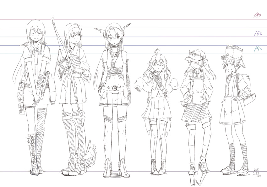6+girls ahoge ankle_boots bare_shoulders boots bow_(weapon) chikuma_(kantai_collection) closed_eyes elbow_gloves glasses gloves hairband hat headgear height_chart height_difference high_heels japanese_clothes kantai_collection kawashina_(momen_silicon) knee_boots long_hair makigumo_(kantai_collection) multiple_girls nagato_(kantai_collection) ooshio_(kantai_collection) open_mouth rough ryuujou_(kantai_collection) school_uniform short_twintails shoukaku_(kantai_collection) skirt sleeves_past_wrists smile spot_color suspenders thigh_boots thighhighs twintails visor_cap weapon