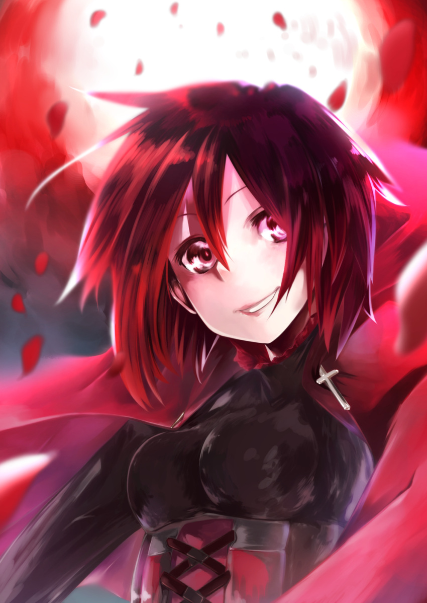 cape cross highres moon red_eyes redhead ruby_(rwby) rwby smile sugoitanisi