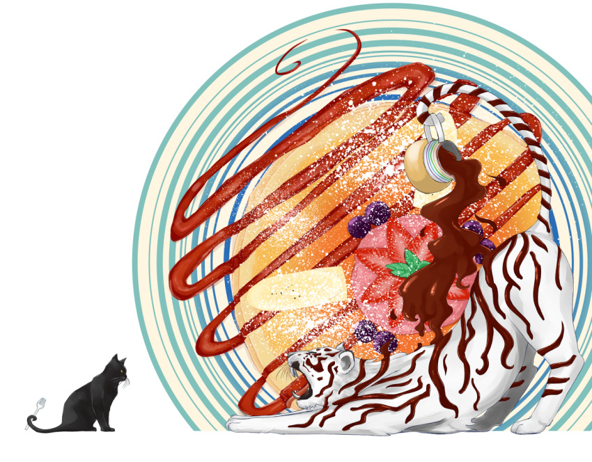 asano_ame black_cat cat chocolate chocolate_covered crepe fangs food fork fruit ice_cream jug no_humans original strawberry stretch sugar tail tail_hold tiger white_tiger yawning