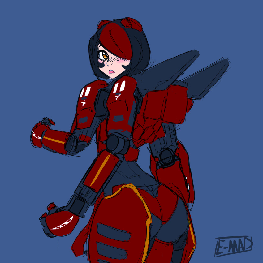 1girl ass black_hair blush crimson_typhoon error extra_arms hair_over_one_eye highres mecha_musume mechanical_arm multicolored_hair pacific_rim personification rakihiro redhead robot_joints short_hair simple_background thrusters two-tone_hair yellow_eyes