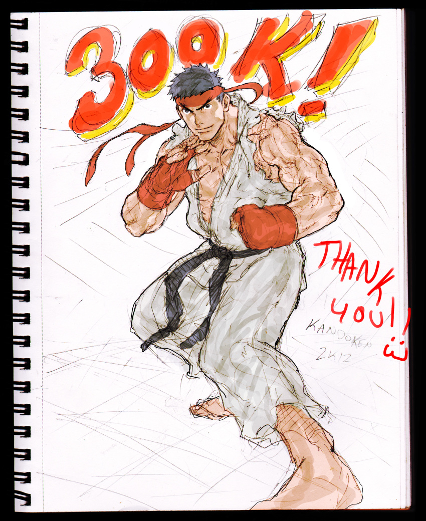 1boy absurdres barefoot black_hair dougi eyebrows fighting_stance fingerless_gloves gloves headband highres hits muscle photo ryuu_(street_fighter) short_hair solo steven_mack street_fighter thank_you thick_eyebrows traditional_media