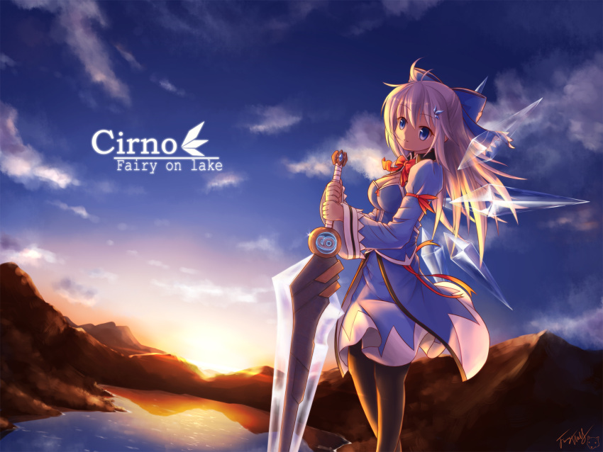 1girl adapted_costume adult arm_ribbon black_legwear blue_dress blue_sky bow breasts cirno cleavage clouds dress hair_bow hair_ornament hairclip highres ice ice_wings lake langbazi large_breasts layered_dress long_hair long_sleeves looking_at_viewer mountain pantyhose silver_hair sky solo sunset sword touhou weapon wide_sleeves wings ⑨