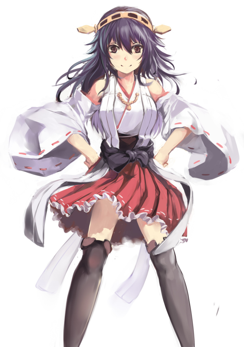 1girl absurdres bare_shoulders black_hair black_legwear blush boots breasts brown_eyes detached_sleeves frilled_skirt frills hair_ornament hairband hairclip hands_on_hips haruna_(kantai_collection) highres japanese_clothes kantai_collection long_hair lu_hao_liang nontraditional_miko personification ribbon-trimmed_sleeves ribbon_trim skirt smile solo thigh_boots thighhighs