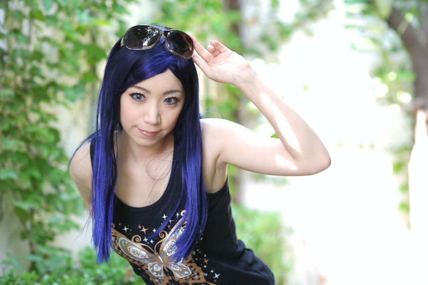 blue_hair cosplay kuga_natsuki mai_hime miyuki photo sunglasses tank_top