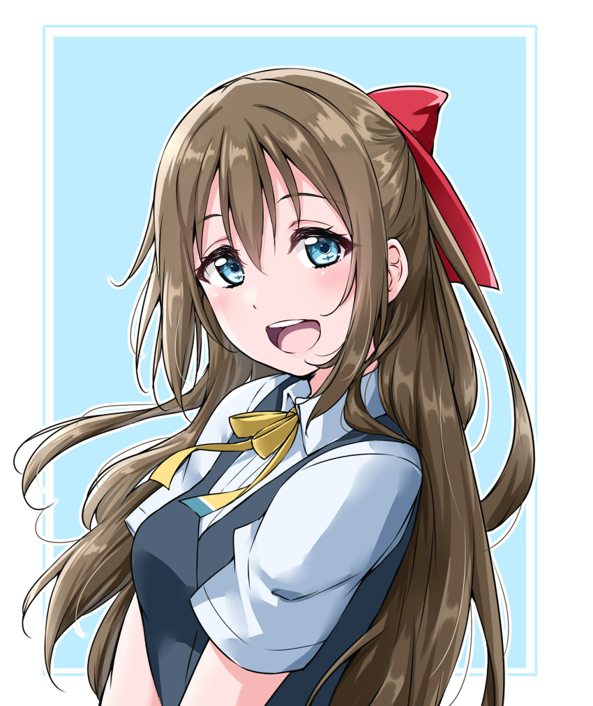 1girl bangs blue_eyes breasts brown_hair commentary_request eyebrows_visible_through_hair hair_intakes half_updo highres long_hair looking_at_viewer love_live! love_live!_nijigasaki_high_school_idol_club medium_breasts nijigasaki_academy_uniform ousaka_shizuku shiny shiny_hair short_sleeves sidelocks smile solo upper_body yopparai_oni