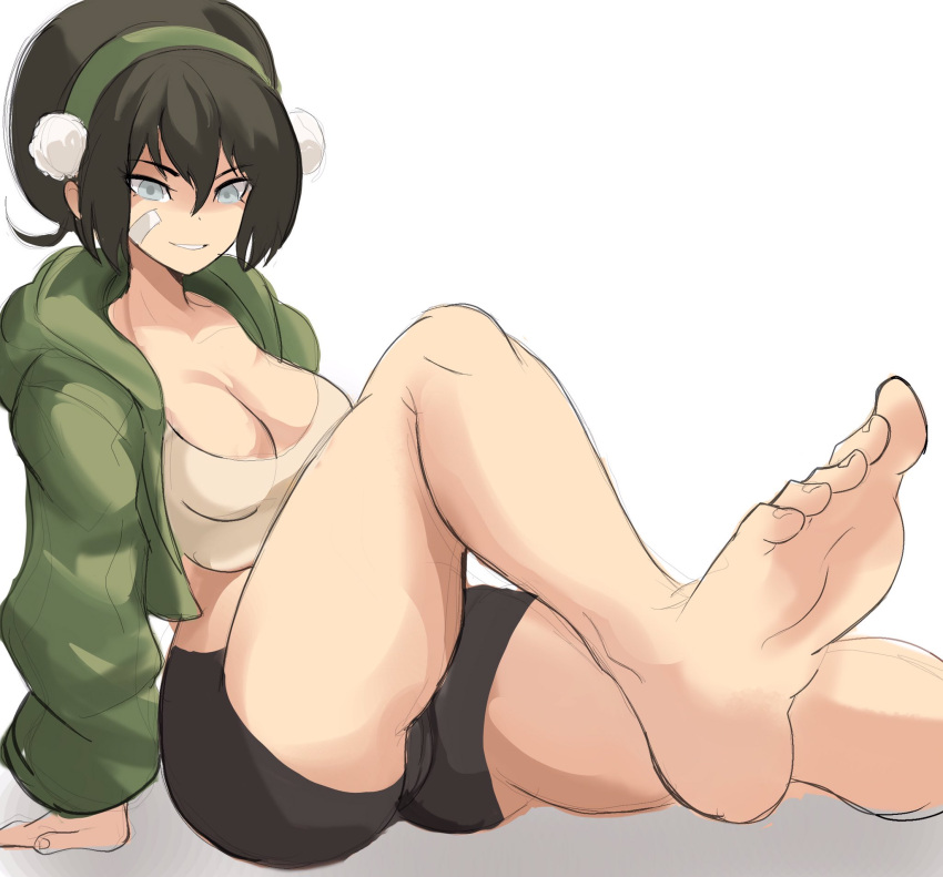 1girl avatar:_the_last_airbender avatar_(series) black_hair black_tights breasts cleavage feet foot_out_of_frame hairband jacket looking_at_viewer rakeem_garcia-cueto toph_bei_fong