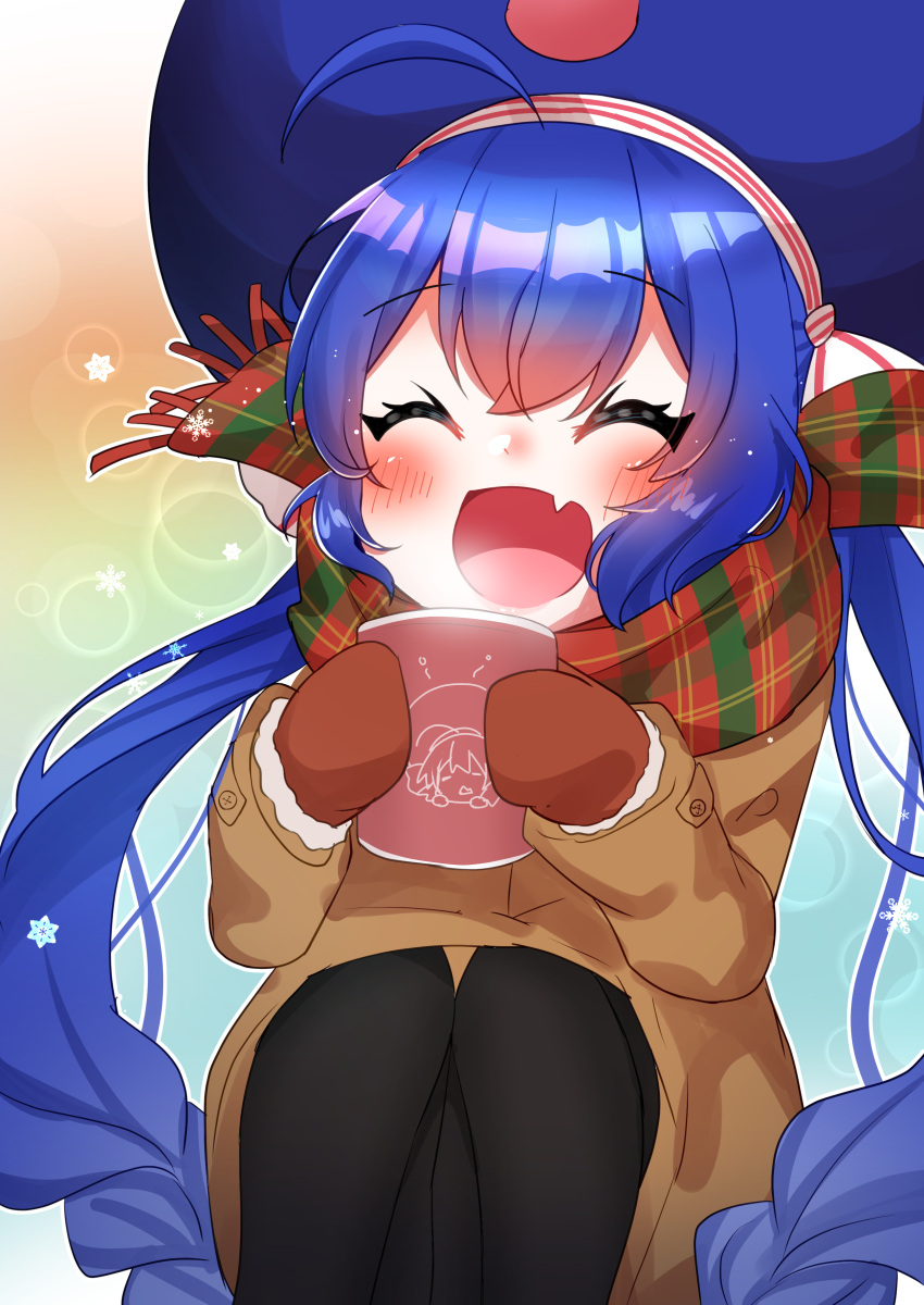 1girl absurdres asteroid_stella black_legwear blue_hair blue_headwear blush braid brown_coat character_print closed_eyes coat commentary cup fang hat highres holding holding_cup large_hat long_hair mittens mug open_mouth otomachi_una plaid plaid_scarf red_mittens scarf sitting skin_fang smile snowflakes solo steam twin_braids twintails very_long_hair vocaloid