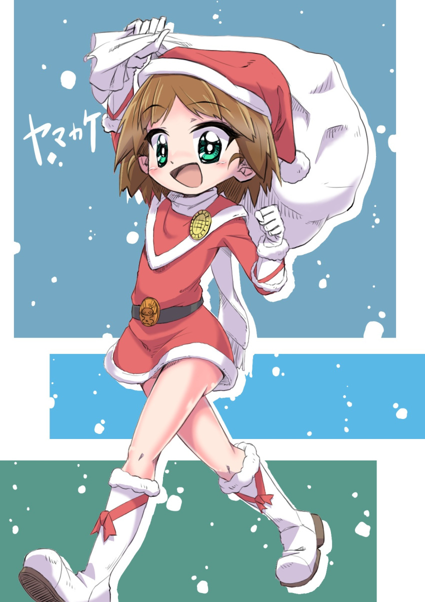 1girl :d alternate_costume arm_up artist_name bangs boots brown_hair clenched_hand commentary dress eyebrows_visible_through_hair full_body girls_und_panzer green_eyes hat highres holding holding_sack long_sleeves looking_at_viewer open_mouth red_dress red_headwear sack sakaguchi_karina santa_boots santa_costume santa_dress santa_hat short_dress short_hair signature smile solo standing walking white_footwear yamakake_(tororo1293)