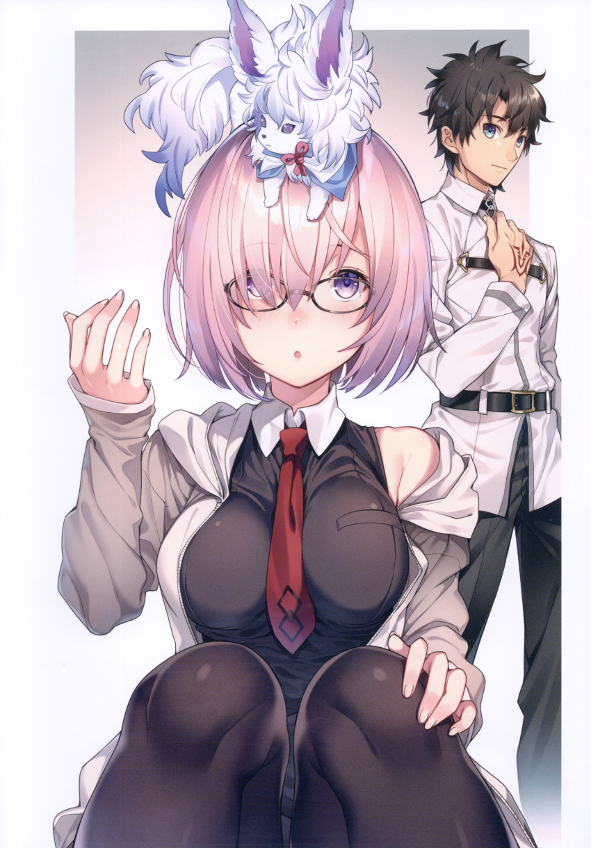 1boy 1girl absurdres animal animal_on_head bangs belt between_breasts black-framed_eyewear black_hair black_legwear black_pants blue_eyes blush breast_pocket breasts closed_mouth command_spell creature eyebrows_visible_through_hair fate/grand_order fate_(series) fingernails fou_(fate/grand_order) fujimaru_ritsuka_(male) glasses gradient gradient_background hair_over_one_eye hand_on_own_knee hand_up highres jacket kat_(bu-kunn) long_sleeves looking_at_viewer looking_up mash_kyrielight medium_breasts necktie off_shoulder on_head open_clothes open_jacket pants pantyhose parted_lips pink_hair pocket red_neckwear scan shiny shiny_clothes short_hair simple_background sleeves_past_wrists tattoo uniform violet_eyes