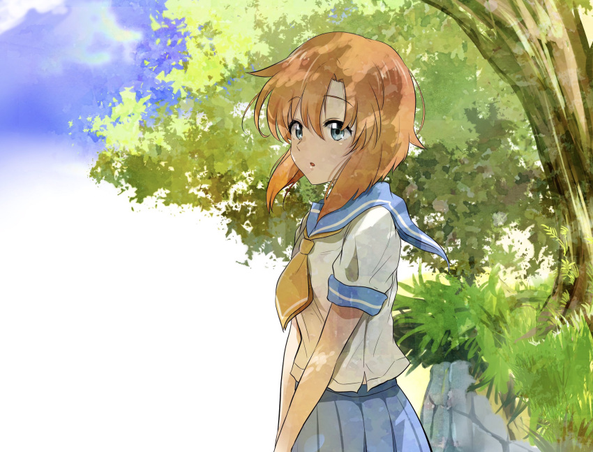 1girl blue_eyes blue_sailor_collar blue_skirt eyebrows_visible_through_hair highres higurashi_no_naku_koro_ni leaf open_mouth orange_hair pleated_skirt ryuuguu_rena sailor_collar school_uniform shirt short_sleeves shosudo skirt solo tree white_shirt yellow_neckwear