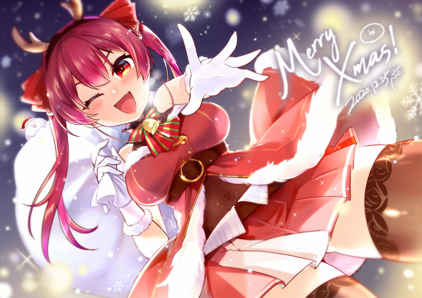 1girl ;d aa2233a artist_name belt bow breasts brown_legwear christmas covered_navel dated dutch_angle fake_antlers from_below gloves hair_ornament hololive houshou_marine large_breasts merry_christmas neck_bell one_eye_closed open_mouth outdoors over_shoulder red_bow red_eyes red_skirt redhead sack skirt smile snowflakes solo striped striped_bow thigh-highs twintails virtual_youtuber white_gloves