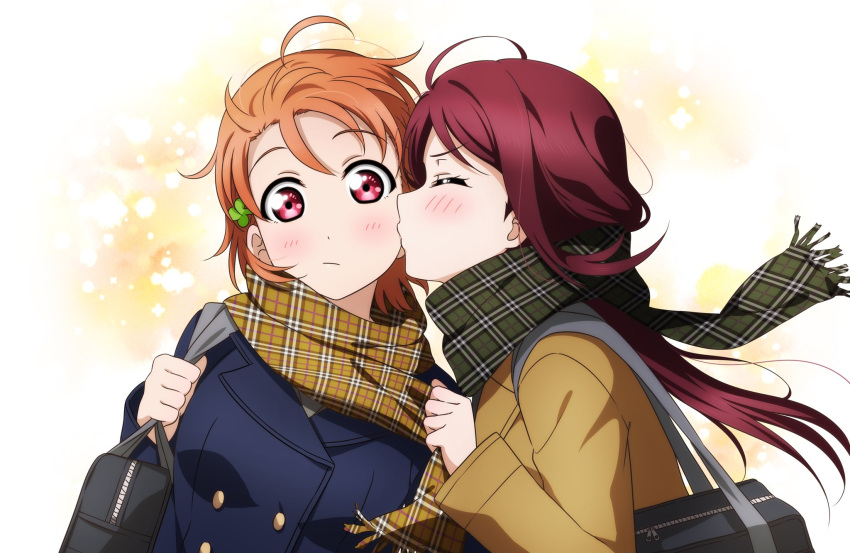 2girls ahoge bag blue_coat blush buttons cheek_kiss clothes_tug clover_hair_ornament coat commentary dot_nose gradient gradient_background green_scarf hair_ornament highres holding holding_bag kiss kougi_hiroshi long_hair love_live! love_live!_sunshine!! multiple_girls orange_hair plaid plaid_scarf red_eyes redhead sakurauchi_riko scarf school_bag short_hair surprised takami_chika upper_body white_background yellow_background yellow_coat yellow_scarf yuri