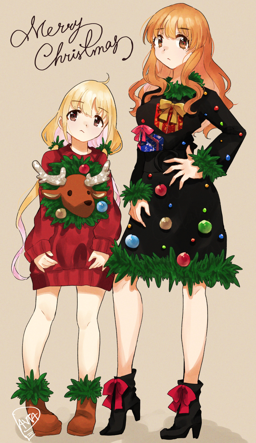 2girls :&lt; absurdres ahoge blonde_hair christmas_tree_costume dantape futaba_anzu hand_on_hip height_difference high_heels highres huge_filesize idolmaster idolmaster_cinderella_girls low_twintails merry_christmas moroboshi_kirari multicolored_hair multiple_girls orange_hair pink_hair reindeer simple_background standing sweater twintails wavy_hair