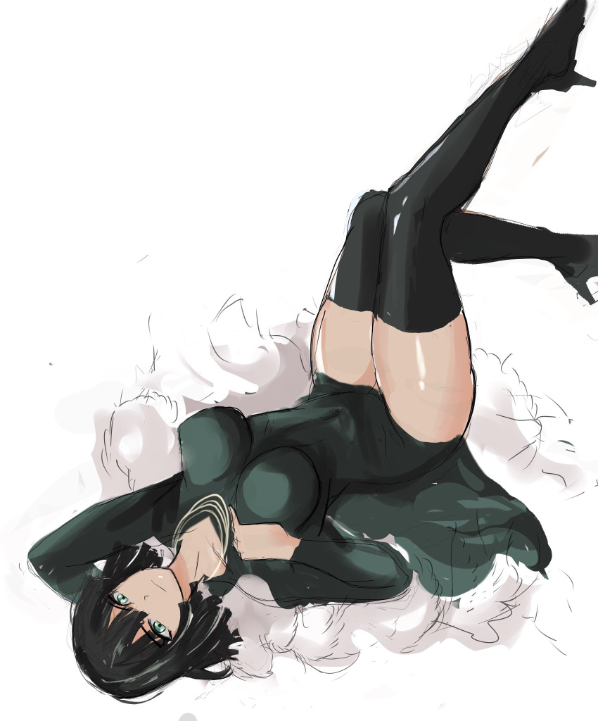 1girl bangs black_hair boots breasts covered_navel curvy dress fubuki_(one-punch_man) fur_coat green_eyes jewelry large_breasts lying on_back one-punch_man rakeem_garcia-cueto