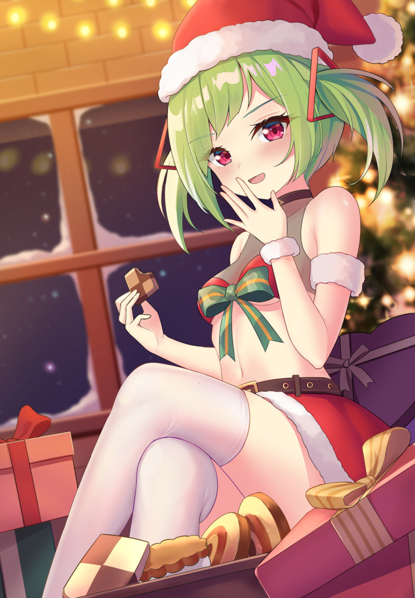 1girl bangs bare_shoulders belt black_belt black_choker blush bow box breasts choker christmas christmas_tree cookie crossed_legs delutaya diagonal_bangs eyebrows_visible_through_hair food fur-trimmed_headwear fur_trim gift gift_box green_bow green_hair hand_to_own_mouth hat heart-shaped_box highres holding holding_food icwine indie_virtual_youtuber indoors long_hair looking_at_viewer miniskirt night red_headwear red_skirt santa_hat see-through sitting skirt small_breasts smile snowing solo thigh-highs under_boob virtual_youtuber white_legwear window