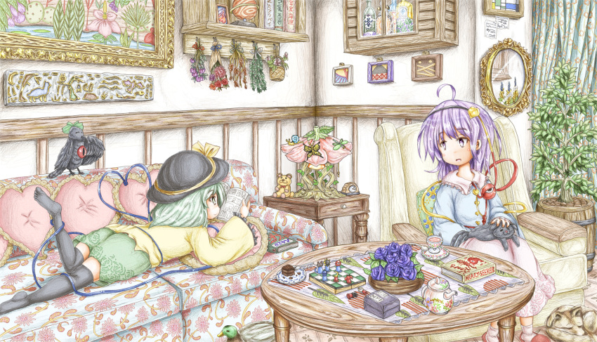 2girls ahoge animal_on_lap ankle_socks aqua_hair bear bird black_headwear black_legwear blue_flower blue_rose blue_shirt book bookshelf bottle bowl box bug butterfly carpet cat chair chess_piece chessboard clock coffee_table commentary couch cup cupboard curtains dragonfly dried_flower duck floral_print flower foot_out_of_frame fox frilled_sleeves frills from_side green_eyes green_skirt hair_ornament hairband hat hat_ribbon heart heart_hair_ornament heart_of_string heart_pillow highres indoors insect kaenbyou_rin kaenbyou_rin_(cat) komeiji_koishi komeiji_satori lamp leg_lift living_room long_sleeves looking_at_another lying manga_(object) mirror multiple_girls no_shoes on_couch on_stomach open_book painting_(object) picture_(object) picture_frame pillow pink_footwear pink_skirt planetary_ring plant potted_plant purple_hair raven_(animal) reiuji_utsuho reiuji_utsuho_(bird) ribbon rose saucer shirt short_hair siblings sisters sitting skirt slippers snail teacup teapot teaspoon thigh-highs third_eye touhou violet_eyes white_legwear wide_shot wide_sleeves yellow_shirt ys_(ytoskyoku-57)