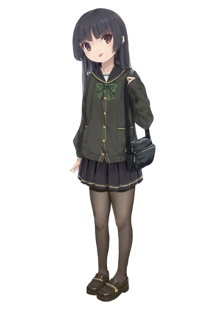 1girl :p bag bangs black_footwear black_hair black_sailor_collar black_skirt bow brown_eyes brown_legwear cardigan closed_mouth eyebrows_visible_through_hair full_body green_bow green_cardigan hand_up highres loafers long_hair long_sleeves original pantyhose pleated_skirt sailor_collar school_uniform serafuku shoes shoulder_bag simple_background skirt sleeves_past_wrists smile solo standing tongue tongue_out too-ye white_background