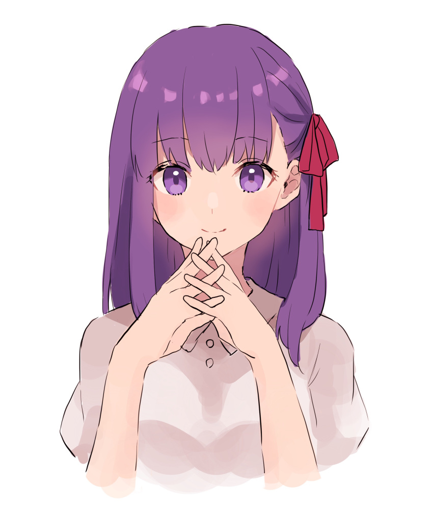 1girl absurdres bangs blush closed_mouth collared_dress cropped_torso dress eyebrows_visible_through_hair fate/stay_night fate_(series) grey_dress hair_ribbon hands_together hands_up highres interlocked_fingers long_hair looking_at_viewer lq_saku matou_sakura purple_hair red_ribbon ribbon smile solo upper_body violet_eyes white_background