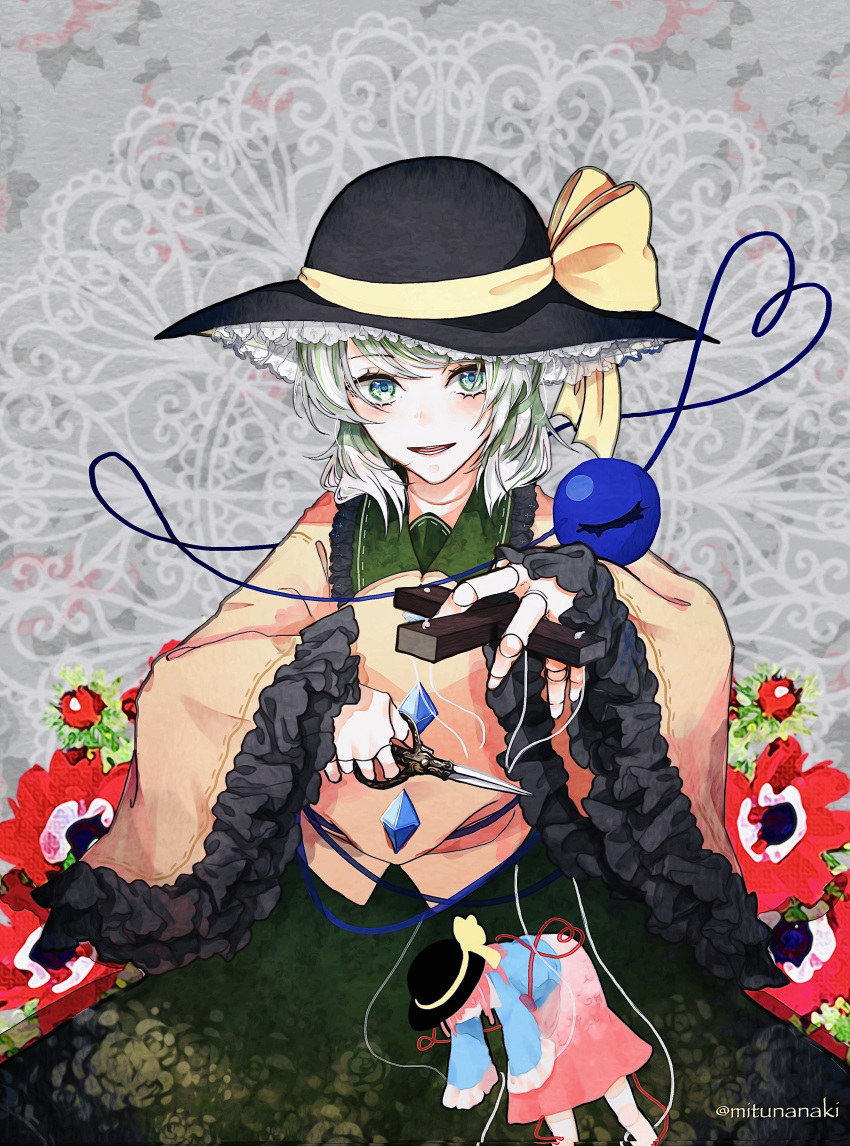 1girl absurdres bangs black_headwear blouse blue_blouse blush bow character_doll commentary_request cutting doll_joints eyeball floral_background floral_print frills green_eyes green_hair green_skirt grey_background hat hat_bow hat_ribbon heart heart_of_string highres holding holding_scissors joints komeiji_koishi komeiji_satori looking_at_viewer marionette mitunanaki open_mouth pink_hair pink_skirt puppet puppet_strings ribbon scissors short_hair sitting skirt smile solo swept_bangs third_eye touhou twitter_username wide_sleeves yellow_blouse yellow_bow yellow_ribbon