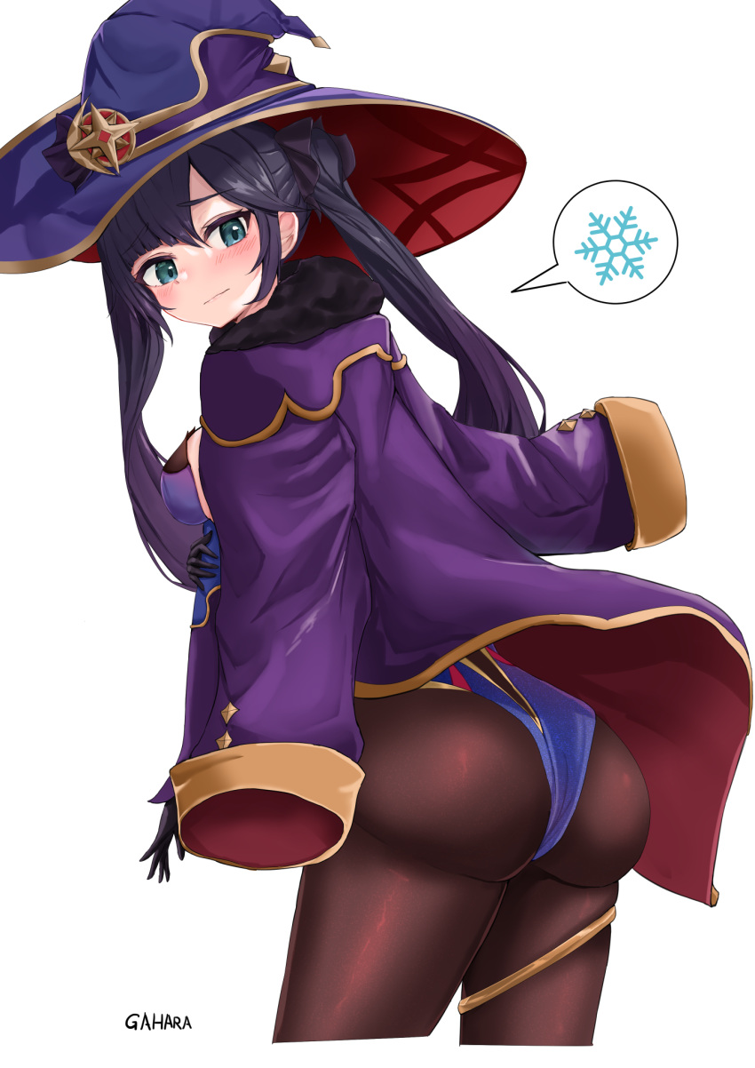 1girl ass black_legwear blush bow breasts gahara genshin_impact green_eyes hair_bow hat highres jacket leotard long_sleeves looking_at_viewer looking_back mona_(genshin_impact) open_clothes open_jacket pantyhose purple_hair sideboob simple_background solo thought_bubble twintails white_background witch_hat