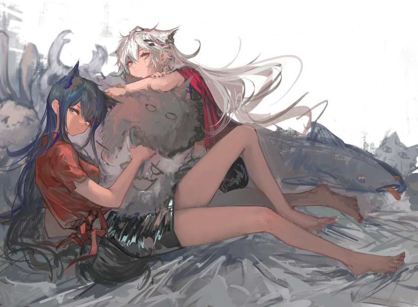 2girls absurdres alternate_costume animal_ear_fluff animal_ears arknights bare_legs barefoot black_hair black_nails black_skirt breasts chinese_commentary closed_mouth commentary_request full_body grey_eyes hair_ornament hairclip highres lappland_(arknights) long_hair looking_at_viewer lying medium_breasts miniskirt multiple_girls naijiaer nail_polish on_back orange_eyes pencil_skirt red_shirt scar scar_across_eye shiny shiny_clothes shirt short_sleeves silver_hair simple_background sitting skirt stuffed_animal stuffed_cat stuffed_toy tail teddy_bear texas_(arknights) very_long_hair white_background wolf_ears wolf_girl wolf_tail