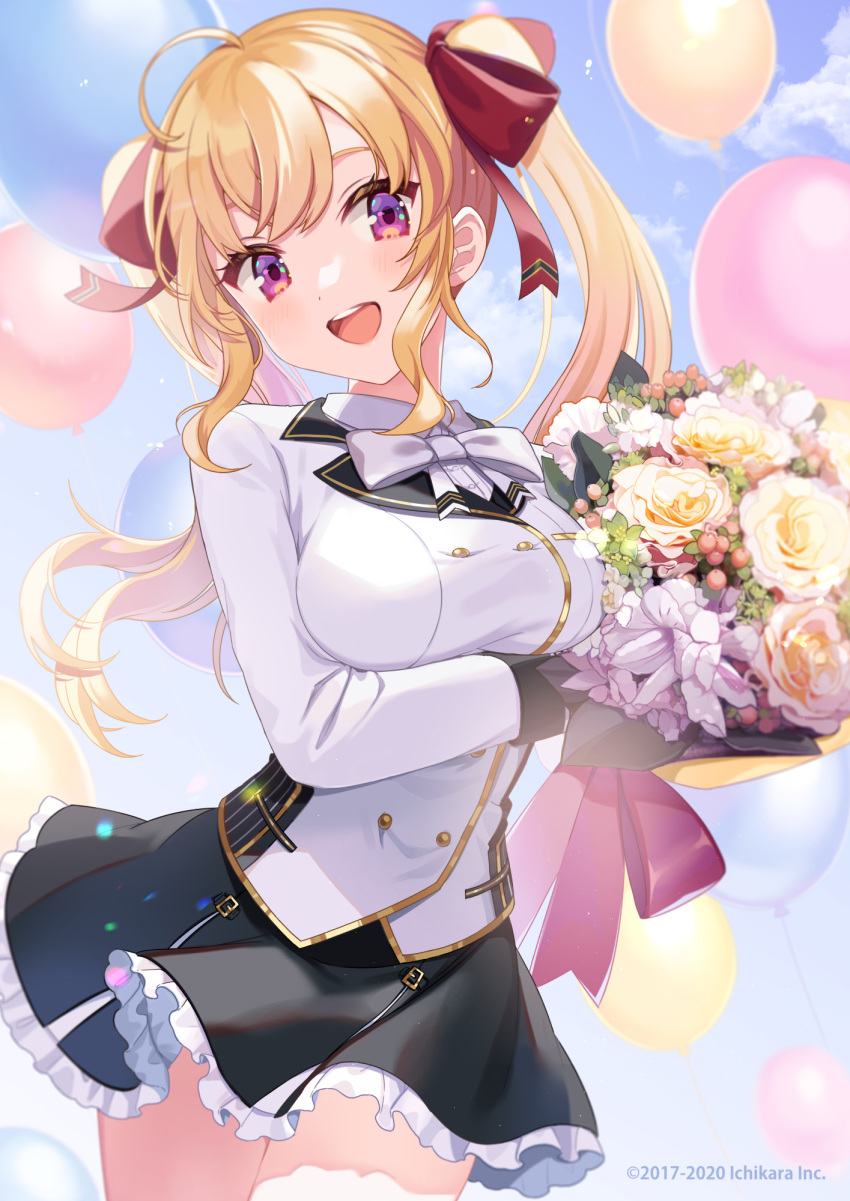 1girl ahoge balloon birthday black_skirt blonde_hair blue_sky blush bouquet bow bowtie breasts clouds cloudy_sky collared_shirt commentary cowboy_shot day flower hair_ribbon highres holding holding_bouquet jacket long_hair long_sleeves looking_at_viewer medium_breasts miniskirt nijisanji open_mouth outdoors red_ribbon ribbon shigure_ui shirt skirt sky smile solo takamiya_rion twintails uniform violet_eyes virtual_youtuber watermark white_jacket white_neckwear white_shirt