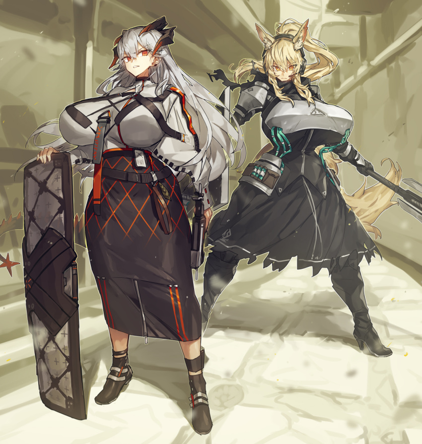 alternate_breast_size animal_ears arknights armor black_footwear black_shirt black_skirt blonde_hair boots breastplate breasts clenched_teeth closed_mouth commentary day dragon_horns dragon_tail ear_piercing earpiece eyebrows_visible_through_hair feathers fighting_stance full_body grey_shirt gun hair_between_eyes headphones high_heel_boots high_heels highres holding holding_gun holding_shield holding_weapon horns horse_ears huge_breasts long_hair long_skirt looking_at_viewer looking_to_the_side mace melon22 nearl_(arknights) orange_eyes outdoors piercing ponytail saria_(arknights) shield shirt shoulder_armor shrug_(clothing) silver_hair skirt standing strap syringe_gun tail teeth torn_clothes torn_skirt weapon