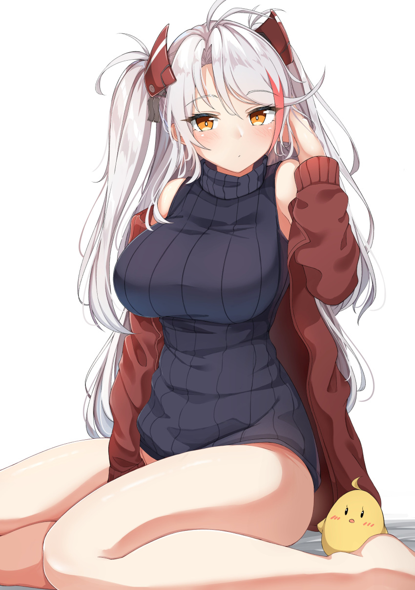1girl absurdres azur_lane bangs black_sweater blush breasts brown_eyes brown_jacket closed_mouth commentary eyebrows_visible_through_hair hair_between_eyes hand_up headgear highres jacket large_breasts long_hair long_sleeves looking_at_viewer moyoron multicolored_hair off_shoulder open_clothes open_jacket parted_bangs prinz_eugen_(azur_lane) redhead simple_background sitting sleeveless sleeveless_sweater sleeveless_turtleneck smile solo streaked_hair sweater turtleneck turtleneck_sweater two_side_up very_long_hair white_background white_hair