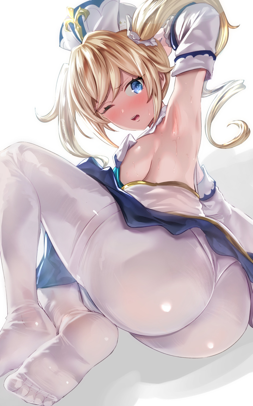 1girl arm_behind_head armpits ass bangs barbara_(genshin_impact) bare_shoulders blonde_hair blue_eyes blush breasts detached_sleeves dress drill_hair eyebrows_visible_through_hair feet genshin_impact hair_ornament hat highres long_hair long_sleeves looking_at_viewer medium_breasts no_shoes one_eye_closed open_mouth pantyhose sideboob simple_background soles solo thighband_pantyhose thighs toes twin_drills twintails uenoryoma white_background white_dress white_headwear white_legwear
