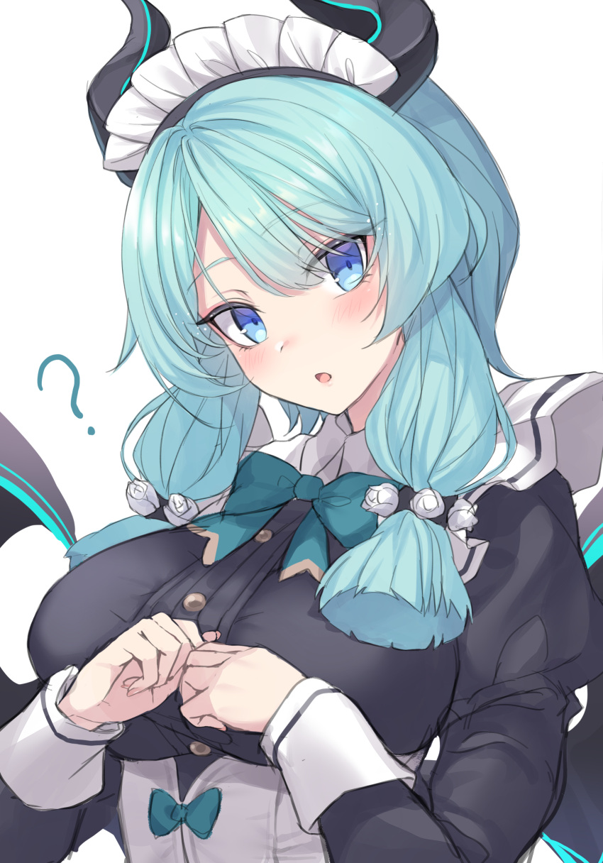 1girl :o ? absurdres aqua_hair bangs blue_eyes bow bowtie breasts commentary eyebrows_visible_through_hair eyes_visible_through_hair highres horns jingo juliet_sleeves large_breasts long_sleeves looking_at_viewer maid maid_headdress puffy_sleeves satarina-ke_no_meido-san satarina-san simple_background solo underbust upper_body vrchat white_background