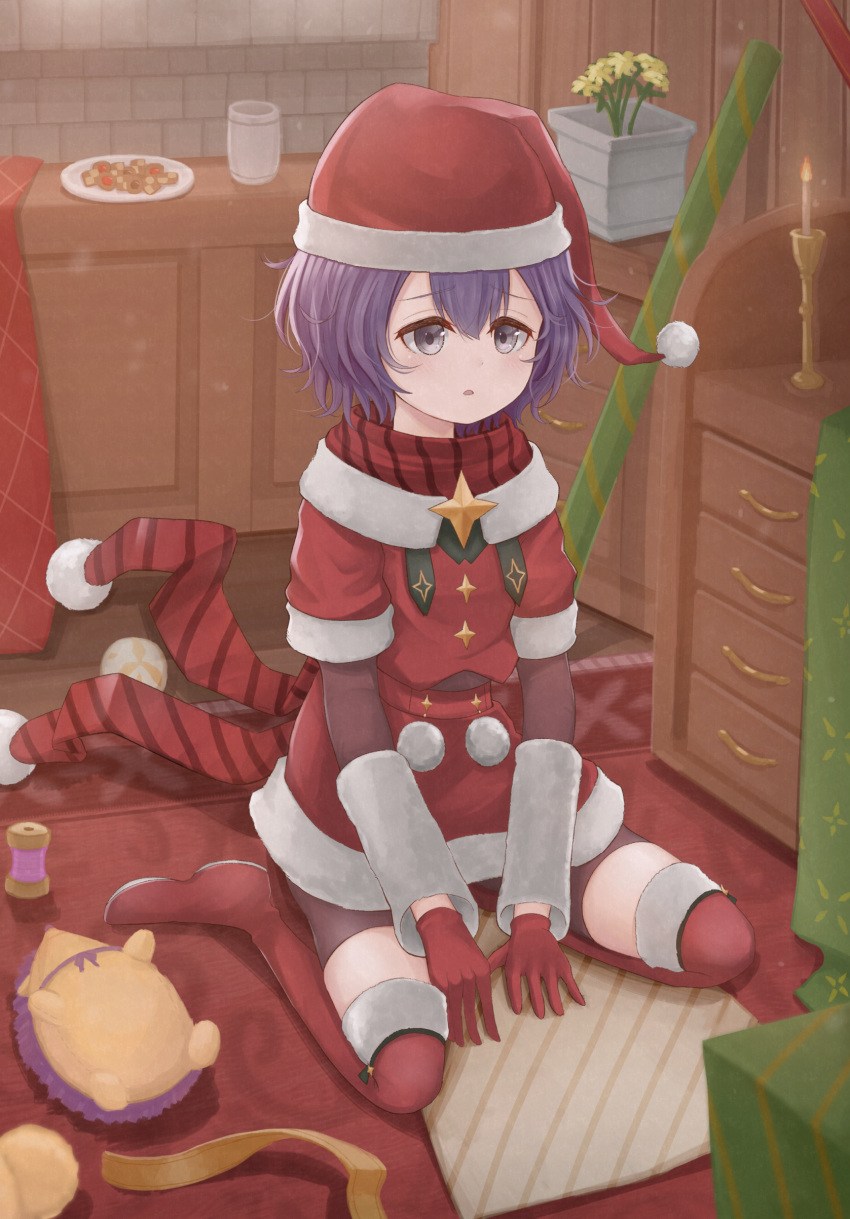 1girl absurdres atorie bernadetta_von_varley bike_shorts boots candle candlestand christmas cookie cup eyebrows_visible_through_hair fire_emblem fire_emblem:_three_houses fire_emblem_heroes flower flower_pot food gloves grey_eyes hat highres plate pom_pom_(clothes) purple_hair red_gloves red_legwear rug santa_costume santa_dress santa_hat short_hair sitting solo spool stuffed_animal stuffed_hedgehog stuffed_toy thigh-highs thigh_boots wariza wrapping_paper