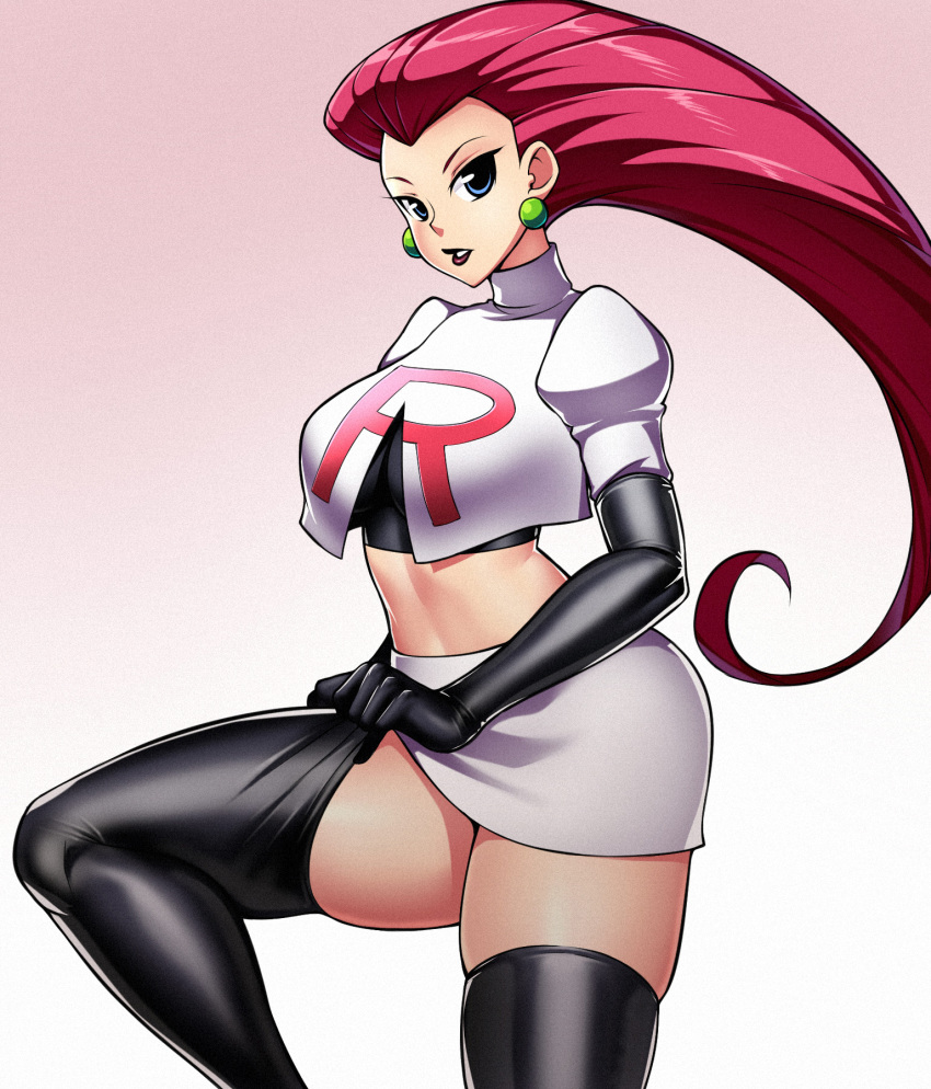 1girl blue_eyes boots breasts crop_top earrings elbow_gloves expressionless gloves gradient gradient_background hair_slicked_back highres jessie_(pokemon) jewelry leg_up long_hair looking_at_viewer parted_lips pokemon pokemon_(anime) pokemon_(classic_anime) redhead skirt solo team_rocket team_rocket_uniform thigh-highs thigh_boots thighhighs_pull thighs two-tone_background very_long_hair zeshgolden