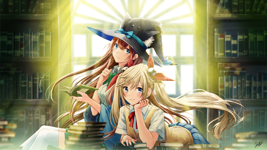 2girls animal_hat arm_support backlighting bell blonde_hair blue_eyes blush bow bowtie brown_hair hair_bell hair_ornament hair_ribbon hat head_rest highres index_finger_raised indoors kazuharu_kina leaning_forward library light_rays long_hair looking_at_viewer multiple_girls neck_ribbon original ribbon school_uniform signature sitting smile sunlight sweater_vest thigh-highs twintails white_legwear wind window witch_hat