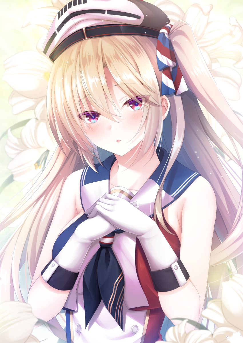 1girl absurdres bangs bare_shoulders blonde_hair blue_neckwear blue_oath blue_sailor_collar blush breasts dress eyebrows_visible_through_hair foch_(blue_oath) frilled_dress frills gloves hair_between_eyes hair_ribbon hands_on_own_chest hat highres long_hair looking_at_viewer medium_breasts multicolored_clothes multicolored_dress neckerchief one_side_up parted_lips red_eyes ribbon sailor_collar sleeveless sleeveless_dress solo upper_body very_long_hair white_background white_gloves yukizuki_chikuba