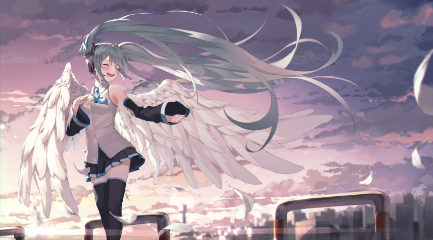 1girl absurdres blue_hair blush building closed_eyes clouds detached_sleeves dustea feathered_wings feathers hair_ornament hatsune_miku highres huge_filesize necktie scenery skirt skyscraper smile sunset thigh-highs twintails vocaloid wind wings