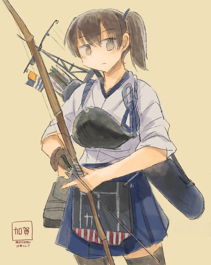 1girl arrow_(projectile) black_legwear blue_skirt bow_(weapon) brown_eyes brown_hair closed_mouth highres holding holding_bow_(weapon) holding_weapon juraki_hakuaki kaga_(kantai_collection) kantai_collection looking_to_the_side no_pupils pleated_skirt quiver shirt simple_background skirt solo standing tan_background thigh-highs weapon white_shirt