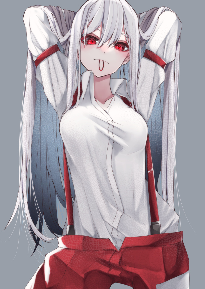 1girl armband arms_behind_head arms_up bangs breasts closed_mouth collarbone collared_shirt contrapposto cowboy_shot expressionless eyebrows_visible_through_hair fall_dommmmmer fujiwara_no_mokou grey_background hair_between_eyes hands_in_hair highres juliet_sleeves long_hair long_sleeves looking_at_viewer medium_breasts mouth_hold pants puffy_sleeves red_eyes red_pants shirt simple_background solo standing straight_hair suspenders touhou very_long_hair white_hair white_shirt
